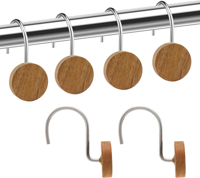 JTDTH Shower Curtain Hooks, Wood Decorative Shower Curtain Rings, Modern Round Log Shower Curtain Hangers, 12PCS Shower Hooks for Shower Curtain Rod, Bedroom, Living Room (Silvery) - Image 1